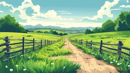 Gardinen Landscaping background with farm pasture, farmland, grassland behind fences. Spring and summer scenery background with ranch, grass, pathway, sky and clouds. Flat modern illustration. © Mark