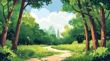 In this nature landscape, you'll find a footpath among trees, grass and shrubs. A paved wall in the forest, clouds in the sky. This is an abstract summer scenery panorama background, a forest with a
