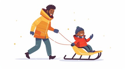 Black child on snow sleigh, sledge in cold weather. Winter holiday fun, wintertime leisure activity. Flat modern illustration isolated on white.