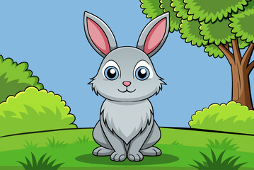 A cute rabbit with a green tree background.