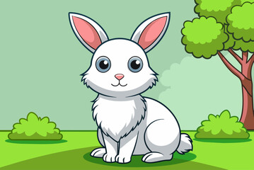 A cute white rabbit sits on a tree trunk with a lush green forest backdrop