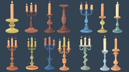 Isolated flat modern illustration of vintage candlesticks. Old retro candelabra. Light decorations, ancient candle holders. Elegant home decoration.