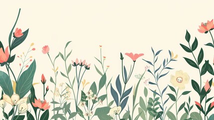 An illustration of a flower border, botanical background, and a banner of blossoming plants, decorative flora patterns, buds and leaves, horizontal ornament. Illustration with flat moderns. Spring - obrazy, fototapety, plakaty