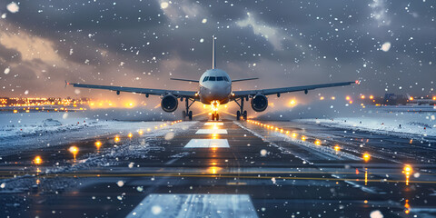 Flight landing departuring during dificult weather snow, - obrazy, fototapety, plakaty