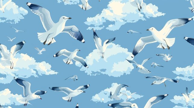 Flying birds, seamless pattern. Seagulls soar in blue skies. Printable flat modern illustration for textile, fabric, wallpaper, wrapping.