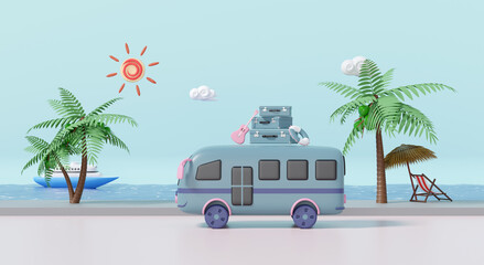 3d tourist buses run along the beach road with luggage, guitar isolated. summer travel concept, 3d render illustration