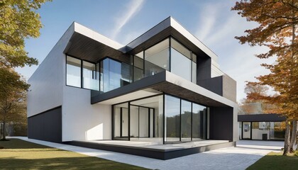 modern house in the garden.a modern and compact house design with a sleek exterior featuring clean geometric shapes, a flat roof, and minimalistic finishes for a contemporary look. Inside, the layout  - obrazy, fototapety, plakaty