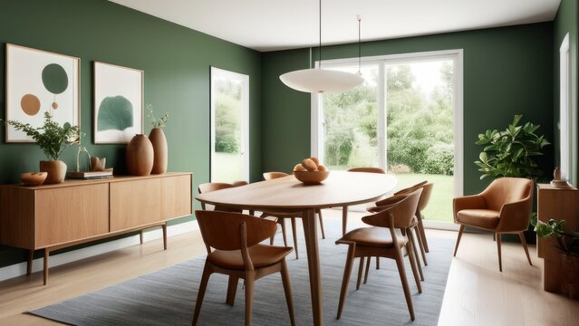 Wooden dining table and chairs against green wall