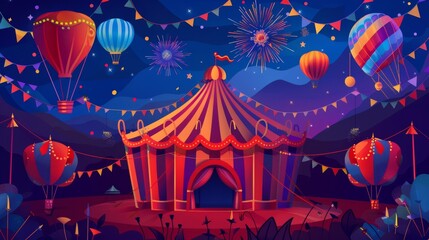 The shapeito cirque big top is decorated with striped flags, fireworks, and a cloud of hot air balloons in a flat modern cartoon illustration.