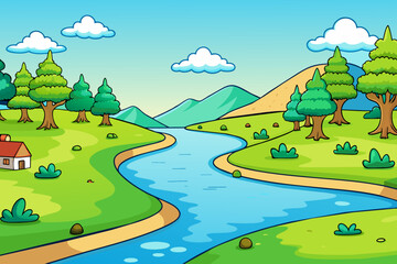 Obraz premium Verdant trees line the riverbank, casting their reflection upon the water's gentle flow.