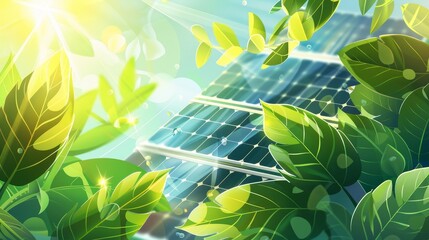 A flat modern illustration of green, sustainable, eco-friendly electricity generated by solar panels and batteries on a white background. Alternative power concept with green, sustainable,