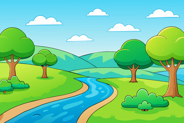 Obraz premium Verdant trees line the riverbank, casting their reflection upon the water's gentle flow.