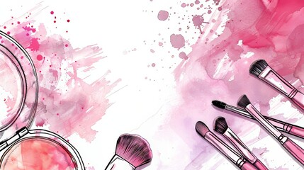 Fashion cosmetics horizontal background. Handdrawn modern illustration with watercolor spots and make-up artist objects. - obrazy, fototapety, plakaty