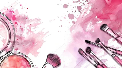 Fotobehang Fashion cosmetics horizontal background. Handdrawn modern illustration with watercolor spots and make-up artist objects. © Mark