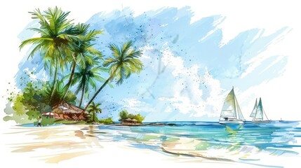 A collection of colorful and monochrome sketches of seaside landscapes. Tropical resort with people relaxing on sand beach, exotic palm trees, and sailboats gliding on the sea.