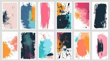 Modern illustration with abstract colorful blots, smudges, and paint stains. Set of cards with rough brushstrokes. Artistic modern illustration.