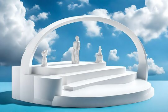 image of huge white arched product podium located on surface with moon figurine against blue cloudy sky.