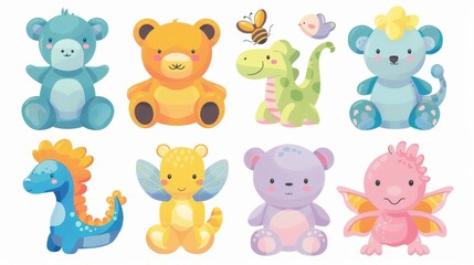Soft stuffed toys set with cute teddy bears, dinosaurs, bees, and cats. Kawaii kid childish plushies for playing games. Nursery flat modern illustrations isolated on white.
