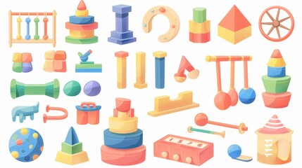 Children's flat modern illustration isolated on white background. Montessori toys set. Stacking, sorting, matching games and babies' fun. Kindergarten, preschool education items. Kids flat modern