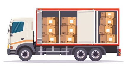 The bed of a truck holds boxes. The doors of the truck are open, the truck has cardboards, and the goods are ready to be shipped. Commercial delivery, supply. Flat modern illustration isolated on