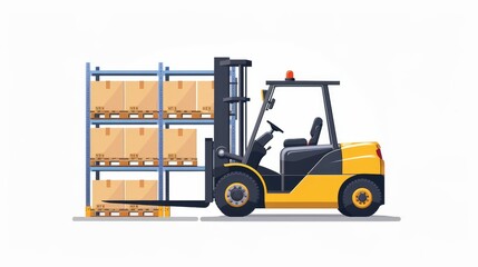 The forklift unloads a box package on a warehouse shelf. Cargo storage, stockroom. A lifter and loader machine store cardboard in the warehouse. This is a static modern illustration isolated on a