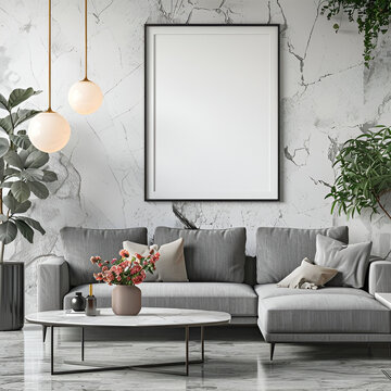 Blank Poster Mockup For Living Room, Blank Frame Mockup With Sofa, 3D Render