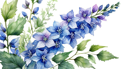 Fototapeta premium watercolor purple flower Delphinium Flower with branch and leaves isolated on white background