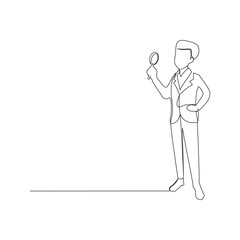 Continuous one line drawing businessman in suit holding while standing magnifying glass. Single line draw design vector illustration