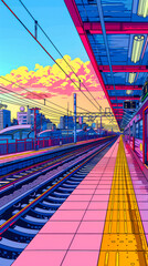 colorful line illustration of a railway station --ar 16:9 --stylize 250 --v 6 Job ID:...