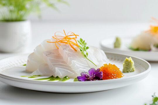 Exquisite Fugu Sashimi Presentation on White Plate Gen AI