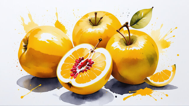 fruit orange painted with watercolors on white background. AI generated