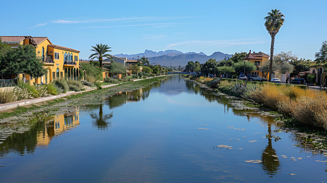The Grand Canal, Phoenix, Scottsdale, Az,USA. The oldest remaining pioneer canal on the north side of the Salt River, generative ai