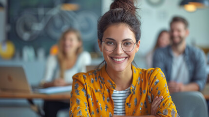 Diverse Group of Smiling Colleagues Thrive in Modern, Colorful Office,generated by IA