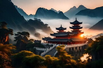 Obraz premium Landscape of chinese temple in the mist at sunset with mountain background