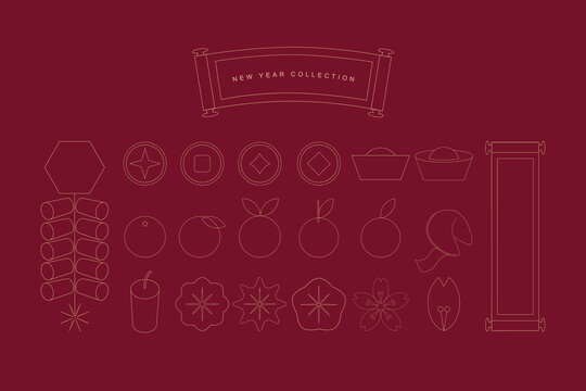 Set of Chinese New Year Flat Outline Illustration Element 