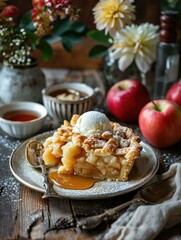 Apple pie with ice cream and caramel sauce on a rustic wooden table. Generative AI.