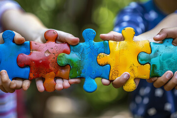 Hand holding colorful puzzle, symbol of Autism Awareness day for children with Autism Speectrum Disorder, ASD.