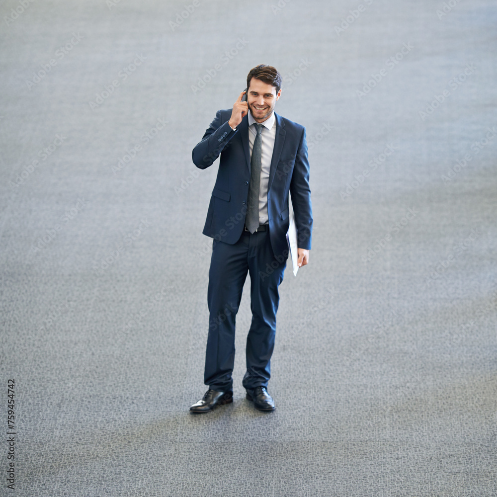 Poster mockup, talking or happy businessman on a phone call in office networking or speaking to chat in dis