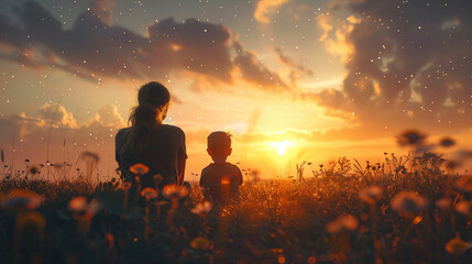 Silhouette of a family, a Mother and son, watching the sunset surround by flower.