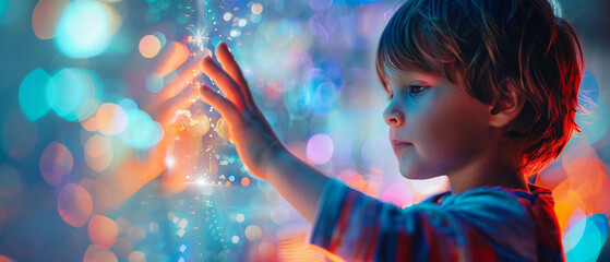 Portrait of a children with Autism Spectrum Disorder, ASD, Touching colorful screen. - obrazy, fototapety, plakaty