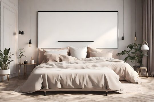 cosy  mock up poster frame in modern interior background, bedroom, Minimalistic style, 3D render, 3D illustration