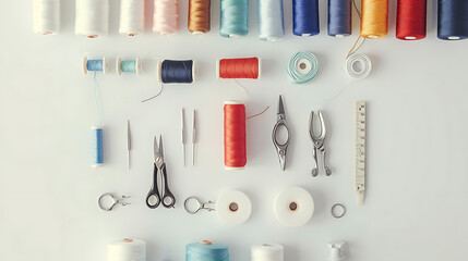 Sewing tools and accessories on white background, top view. - obrazy, fototapety, plakaty