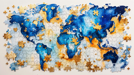 A colorful puzzle world map, with blue abstract background evokes a sense of travel and exploration across the globe