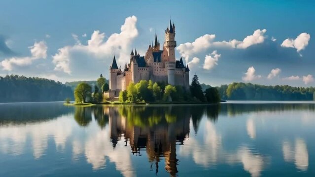 a magnificent castle in the middle of a clear lake