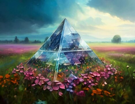 Glass pyramid in the rain, floral landscape.