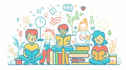 In this illustration, there are children studying at home with kind teachers. the design style is minimal and flat.