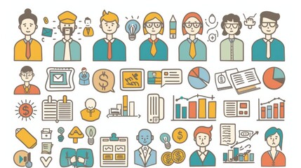 A modern illustration of finance icons and business people in a flat design style.