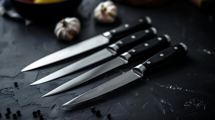 Kitchen knives and black pepper on a dark background. Selective focus.