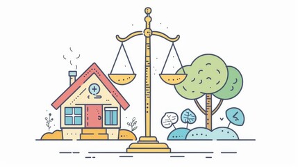 House and company on scales of both arms. Work-life balance. Illustration in flat design style. - obrazy, fototapety, plakaty