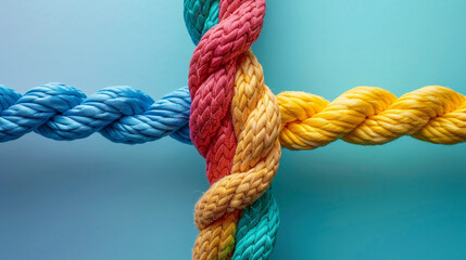 knot on a colorful rope on blue background  - obrazy, fototapety, plakaty